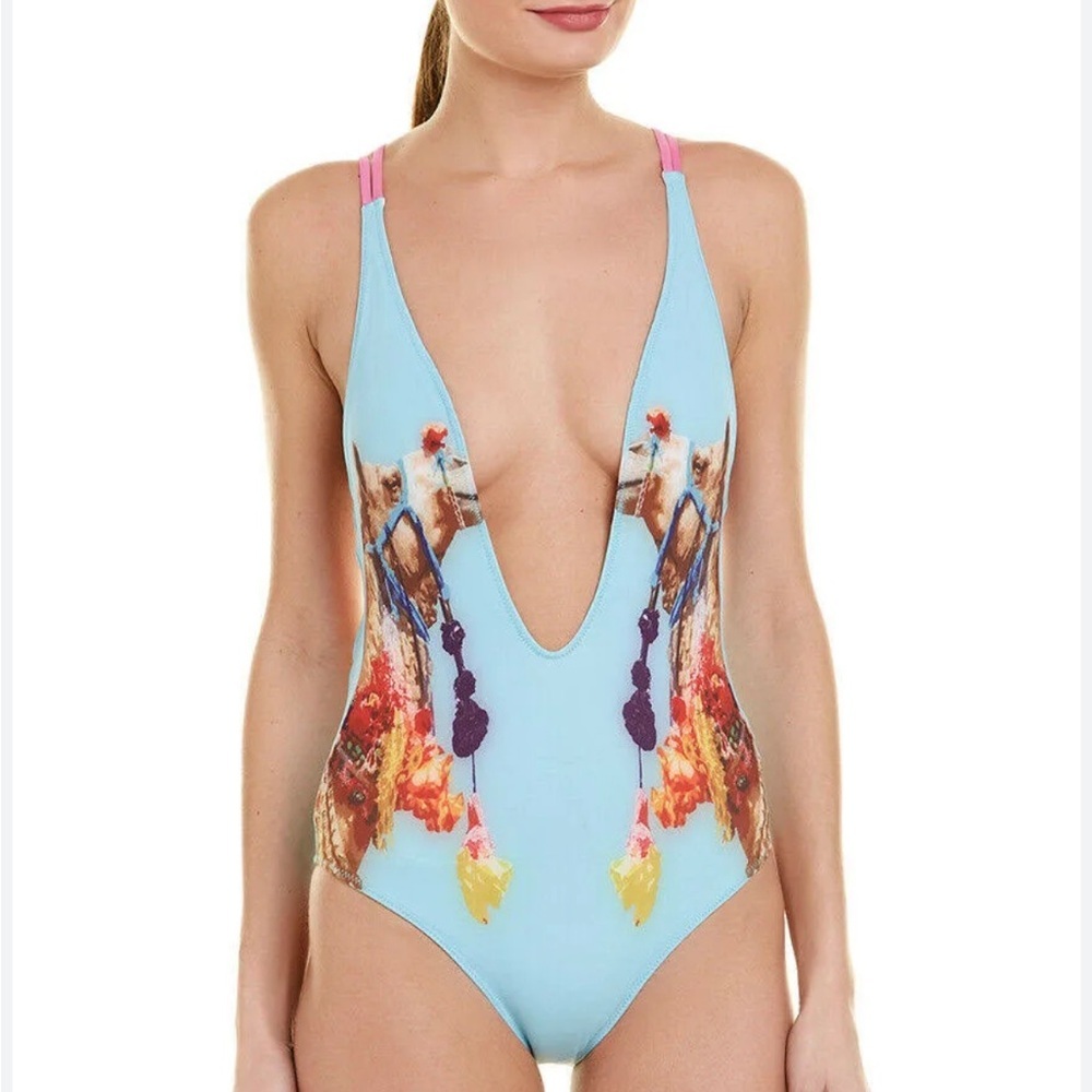 Chaser Reflective Camels One Piece Blue Swimsuit Tie Size Medium M NWOT